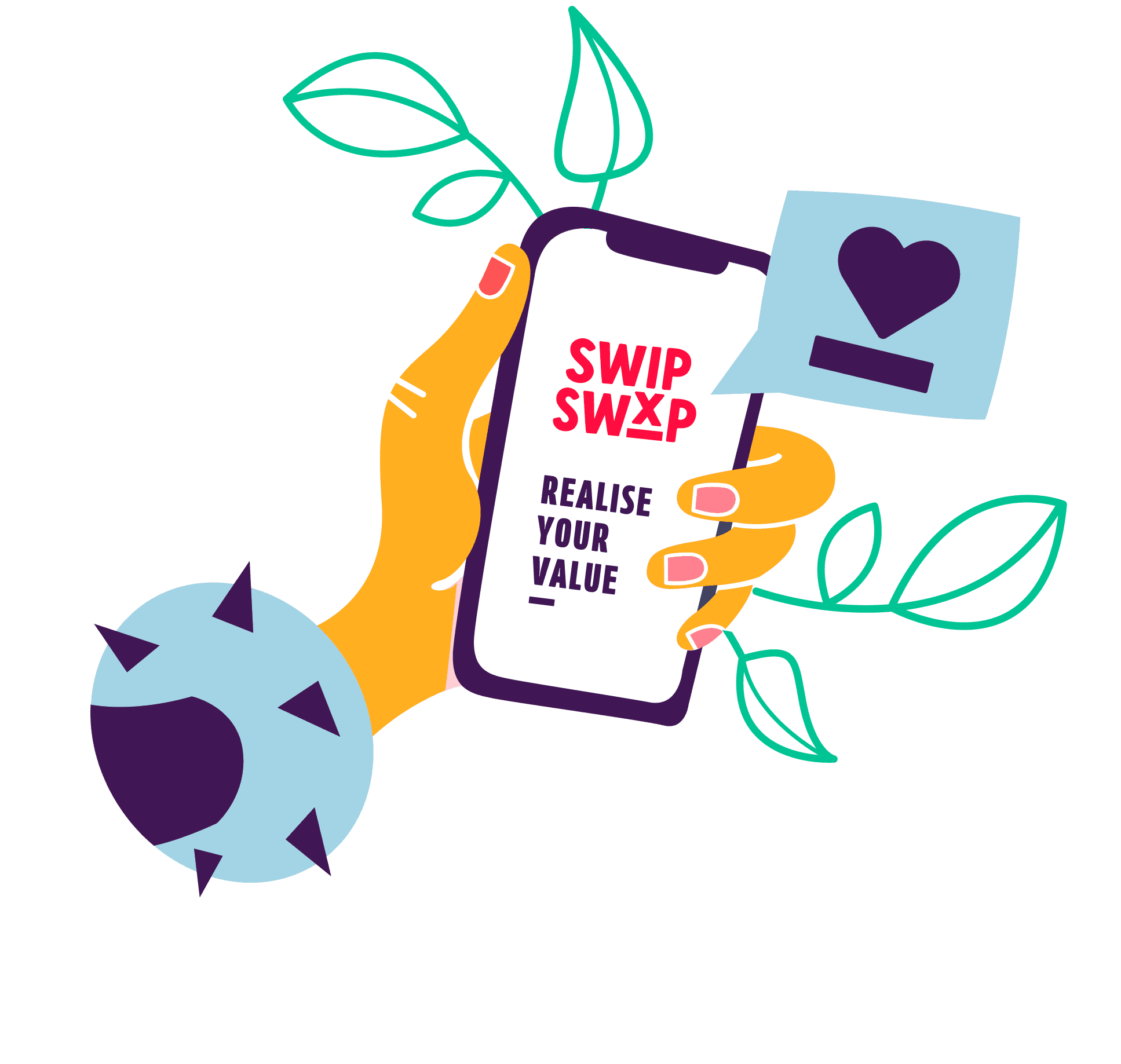 Illustration of a hand holding a phone with the SWIPSWXP app